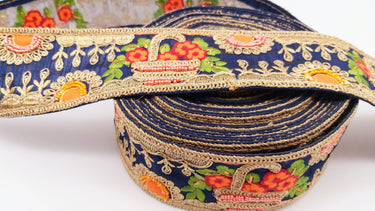 Navy Blue Art Silk Fabric Trim With Green, Orange, Red And Gold Floral Embroidery